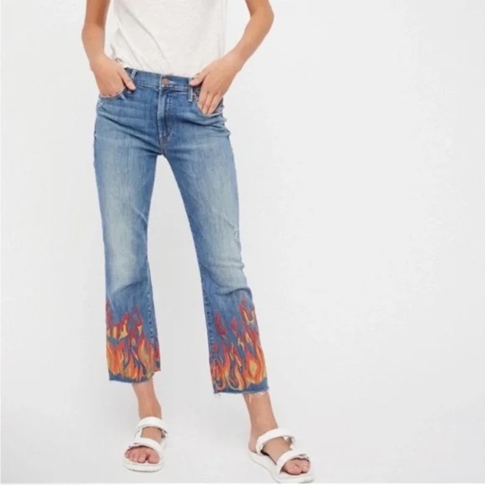 MOTHER Light Blue Flare Jeans with Red & Orange Flame Embroidery liar liar - Picture 5 of 6